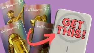 A magnetic portable charger lays amongst scattered Disney Park cards.